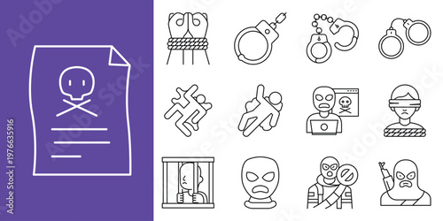 Criminal justice icons Handcuffs, jail, crime scene, and masked figures representing law and order