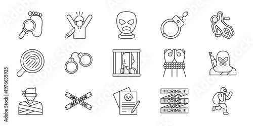 Essential collection of modern line icons capturing the diverse world of crime, law enforcement, forensic investigation, and the justice system