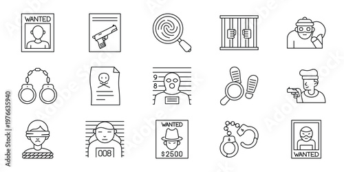 Crime and Justice Icons Police Investigation, Criminal Mugshots, and Courtroom Elements