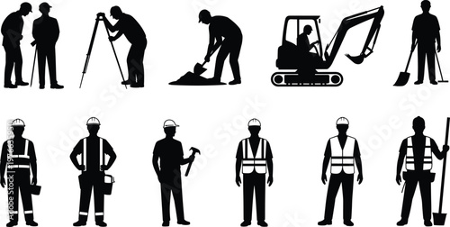 Construction workers silhouettes with equipment surveyor excavator engineer labor safety vest black shadow vector illustration collection set design