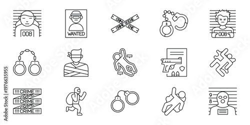 Crime and law enforcement icons depicting wanted persons, handcuffs, and police investigations