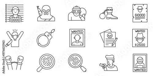 Crime and Investigation Line Icons Set Criminals, Police, Forensic Evidence, and Legal System Concepts