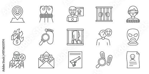 Collection of Crime and Justice Icons, Law Enforcement and Investigation Symbols, Police and Courtroom Graphics