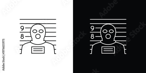 Icon of a masked criminal suspect on a mugshot height chart, representing arrest, crime, law enforcement, and justice concepts