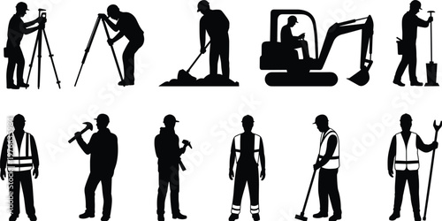 Construction workers silhouettes with survey equipment excavator hammer safety vest labor tools black shadow vector illustration collection set design