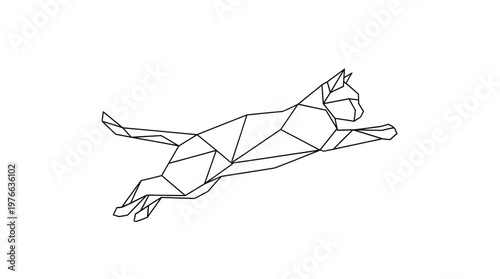 polygonal line art of a leaping kitten for modern graphic design.Simple triangular mesh feline character in motion isolated for designers.
