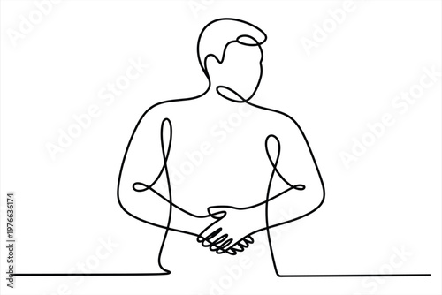 Continuous line of a man holding his stomach in pain