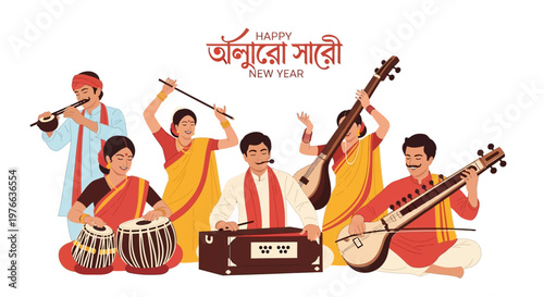 Illustrations depicting a joyful Pohela Boishakh celebration with musicians playing traditional instruments against a clean white background, rendered in a flat vector style with bright
