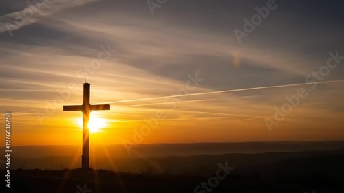 Cross Silhouette at Sunset Horizon.