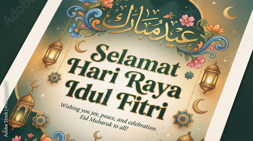 A vibrant Eid Mubarak poster design featuring a beautiful combination of Arabic word