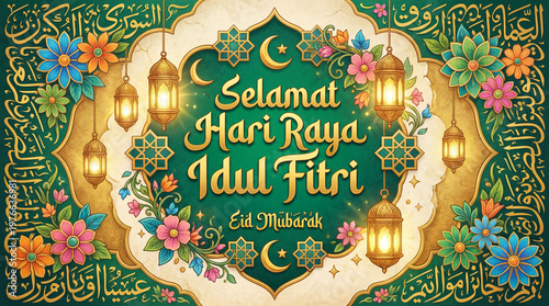 A vibrant Eid Mubarak poster design featuring a beautiful combination of Arabic word