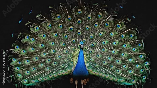 Magnificent Peacock Displaying Feathers on Black Background