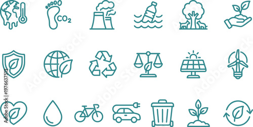 A comprehensive collection of outline icons representing global environmental issues, sustainability, and renewable energy concepts.