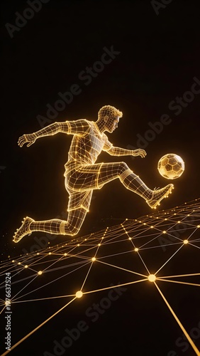 Futuristic and high-tech illustration of soccer football player on gold grid background