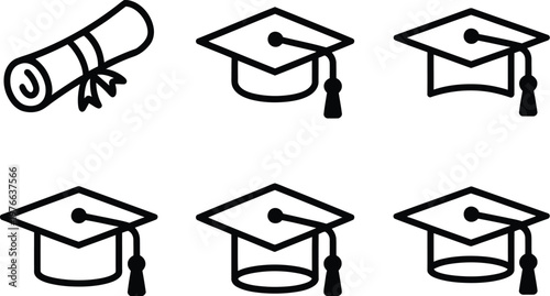 Graduation hat set illustration, hand drawn doodle style sketches of graduation caps representing education college student success and diploma achievement.