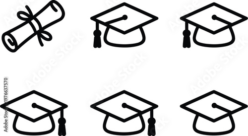 Graduation hat set illustration, hand drawn doodle style sketches of graduation caps representing education college student success and diploma achievement.