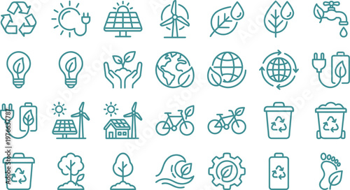 A collection of various eco friendly line art icons representing sustainability, renewable energy and global environmental conservation