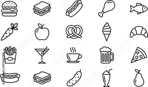 Food and drink icons set burger sandwich coffee beer pizza fruit outline vector illustration collection menu restaurant design elements