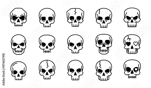A set of black and white skull illustrations in various designs