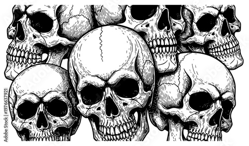 A black and white illustration of multiple skulls in a graphic design
