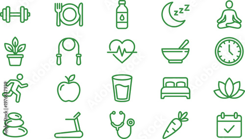 A collection of green vector line icons representing health, wellness, nutrition, fitness and daily lifestyle habits