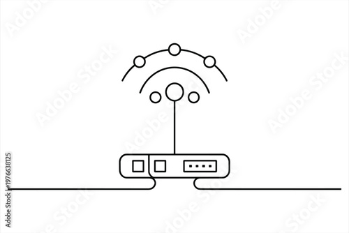 Line of a wireless router with signal waves and connected nodes