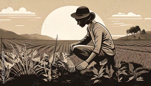 Farmer tending crops in a sunlit field at dawn.