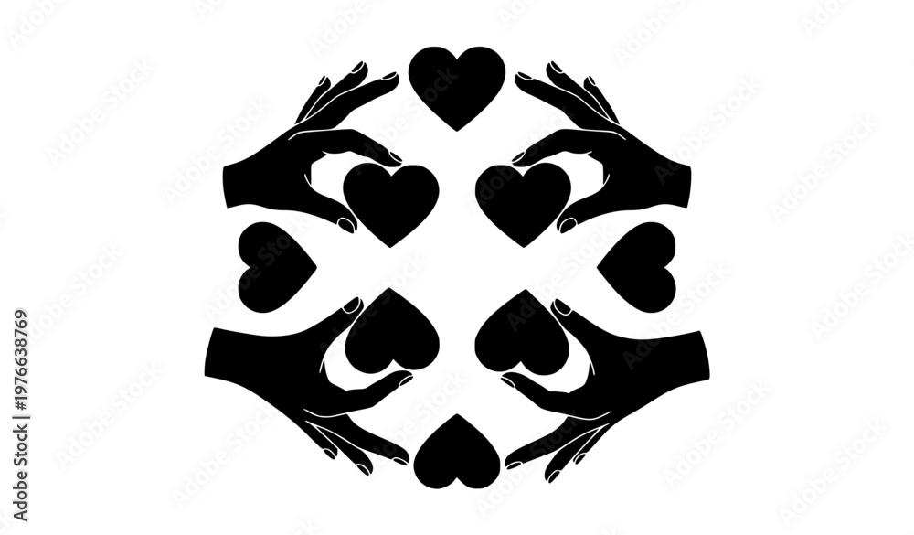 Fototapeta premium Circular hands holding hearts black silhouette vector with white outlines flat minimal design
