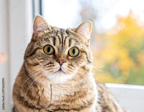 Close-up of a domestic cat with wide eyes, sitting near a bright window
