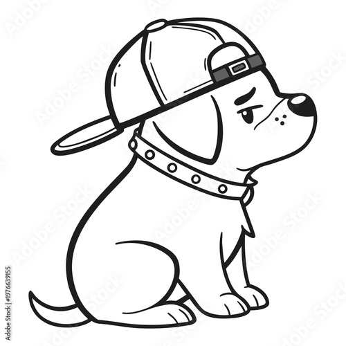 Cool Puppy Wearing Baseball Cap Cartoon Line Art Vector