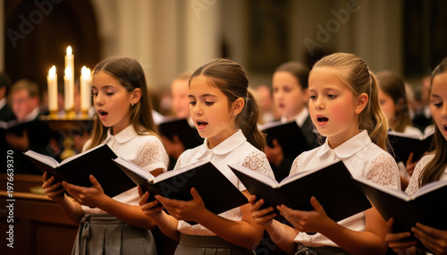 Harmony in the Chapel: A group of young girls sing together in a historic chapel. Warm light illuminate their faces and the surrounding architecture, as they perform a harmonious choral piece.