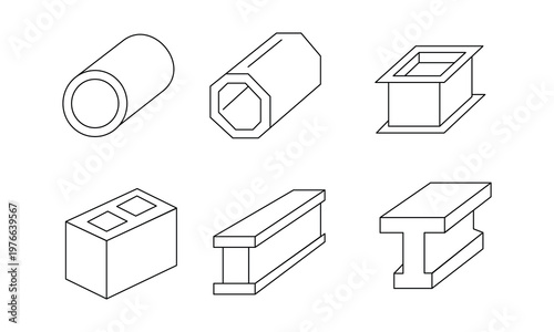 Structural construction materials icon set with concrete pipe block i-beam and steel components.Editable stroke, Vector illustration, Line art Icon, Symbols.