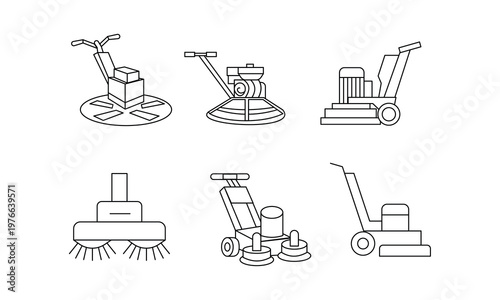 Industrial floor polishing and grinding machine icon set for concrete surface treatment equipment.Editable stroke, Vector illustration, Line art Icon, Symbols.