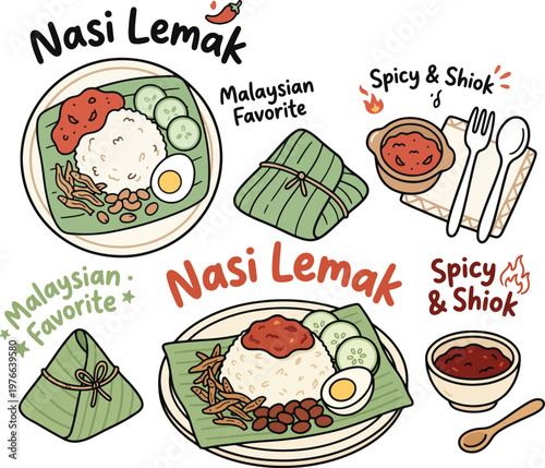 Malaysian Nasi Lemak Food, Illustration Doodle Cartoon Collection