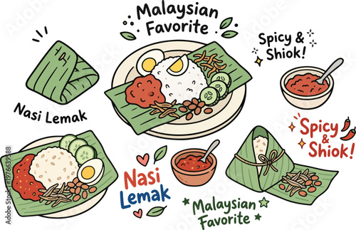 Malaysian Nasi Lemak Food, Illustration Doodle Cartoon Collection