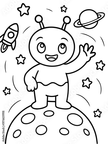 Friendly Alien in the Cosmos: A whimsical alien character waves hello from a lunar surface, surrounded by celestial bodies, embarking on an interstellar journey.