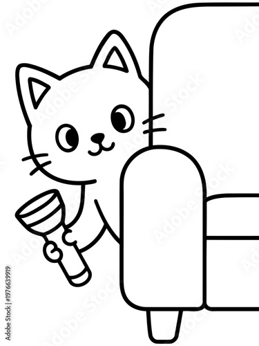 Playful Peek-a-boo: A curious cat peeks out from behind the sofa, holding a flashlight in its paw, creating a scene of innocent curiosity and playfulness.