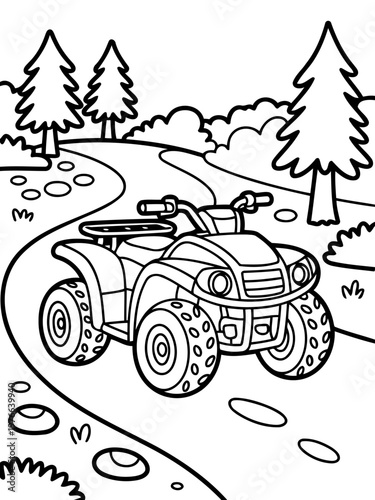 ATV on Country Road: A detailed outline of a powerful all-terrain vehicle, poised on a winding country road, with tall trees and shrubbery on the sides, ready for exploration.