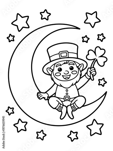 Leprechaun's Lunar Reverie: An illustration of a whimsical leprechaun, seated upon a crescent moon, holding a four-leaf clover, and surrounded by stars. A charming depiction of St.
