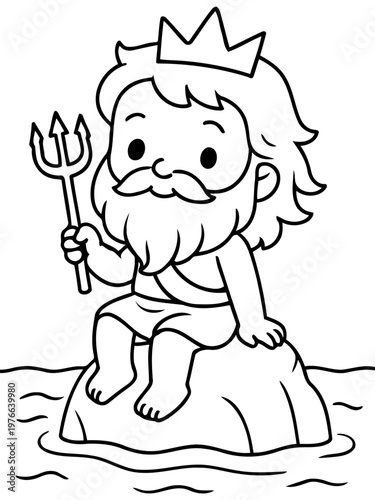 Majestic God in the Sea: In a captivating illustration, a dignified god with a crown sits atop a rock in the sea, holding a trident, ready to rule over the ocean.