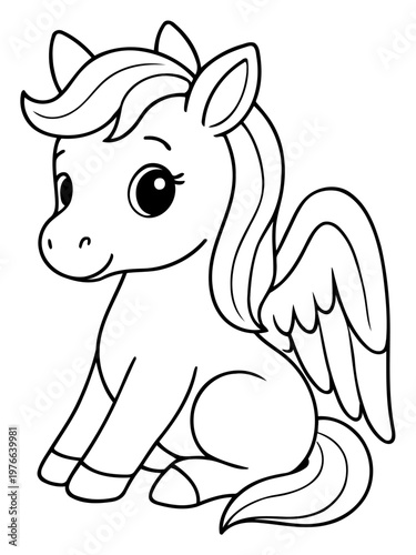 Whimsical Pegasus Illustration: A charming, outlined illustration of a baby Pegasus, its gentle features and delicate wings hinting at a world of magic and wonder.