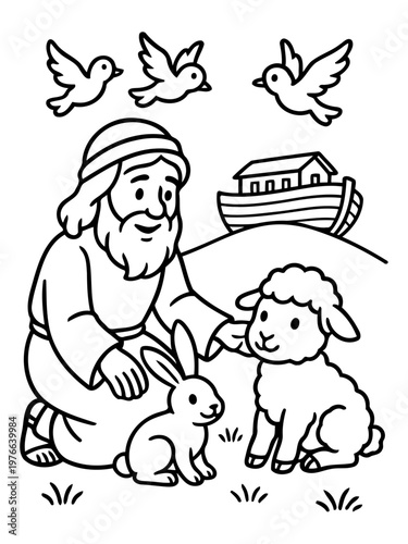 Noah's Ark Illustration: A heartwarming illustration depicts Noah with a bunny and lamb, symbolizing peace and new beginnings, surrounded by doves.