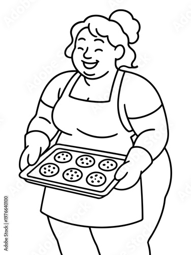 Warm Embrace: A smiling woman, clad in an apron, joyfully presents a tray of freshly baked cookies, radiating warmth, happiness, and the comforting essence of homemade goodness.