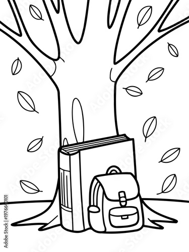 Autumn Reading Nook: A serene outline of a large tree forms a perfect backdrop for the quintessential back-to-school essentials: a book and backpack, and falling leaves.