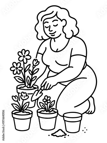 Gardener's Green Oasis: A moment of serene focus as a gardener cultivates life, nurturing flowers in ceramic pots, bringing vibrancy to a small garden plot with gentle touch and thoughtful care.