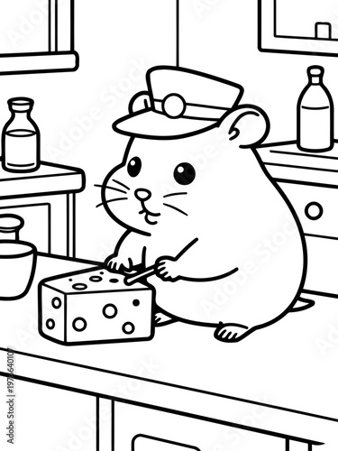 The Tiny Chef: A delightful illustration of a charming mouse in a chef's hat, meticulously preparing cheese in a whimsical kitchen setting, captures a sense of playful culinary creativity.