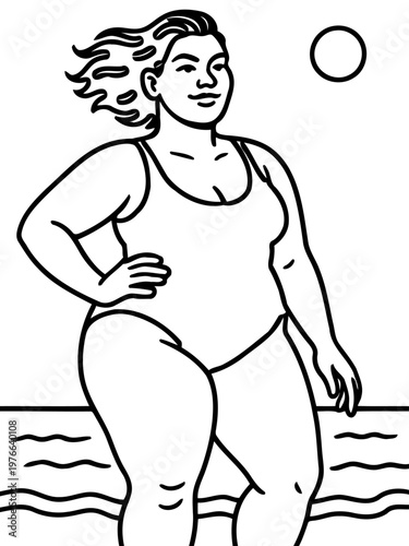 Summer Beach Portrait: An illustrated depiction of a confident woman in swimwear on a beach, against the backdrop of the sea and sun. Expressing freedom, body positivity, and the joy of summer.