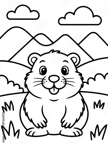 Cheerful Gopher in the Wilderness: A cute and friendly gopher stands in a simple, whimsical landscape, framed by rolling hills, fluffy clouds, and patches of grass.  