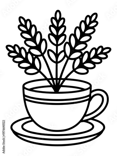 Floral Infusion: An elegant teacup, brimming with delicate sprigs of herbs, is a celebration of the simple joys of nature.