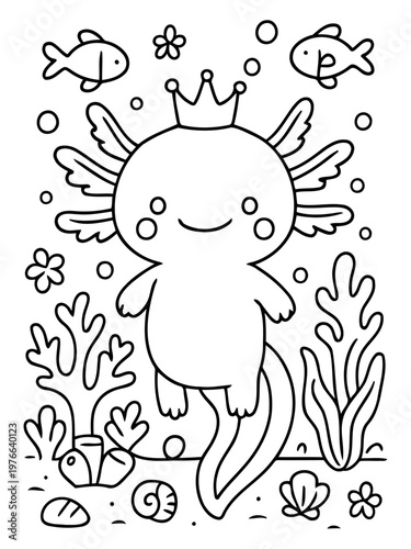 Underwater Charm: A delightful cartoon axolotl, crowned and surrounded by aquatic elements, bringing a whimsical touch to any design.